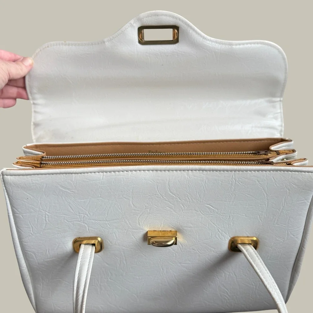 Vintage Spilene White Structured Top Handle Handbag Turn Lock Made in USA